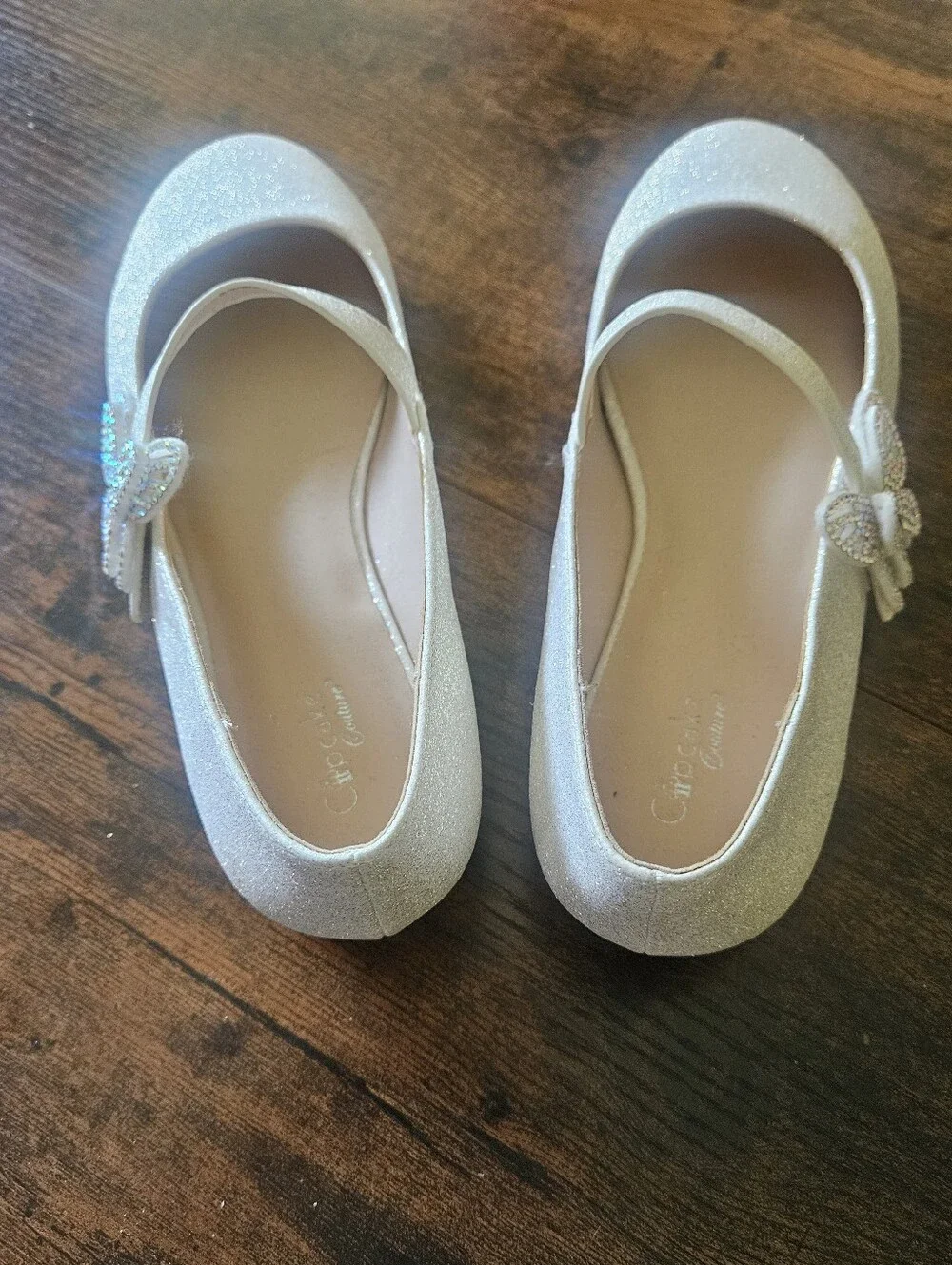 Cupcake Couture Sparkly Silver Mary Jane Shoes with Butterfly Accent Size 4